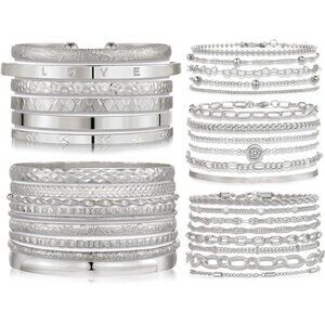 5 PACK (35 PCS) Silver Chain Bangles Bracelets Set for Women, Silver